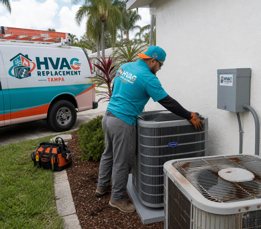 Technician installing a new outdoor condenser on a level pad beside a Tampa home