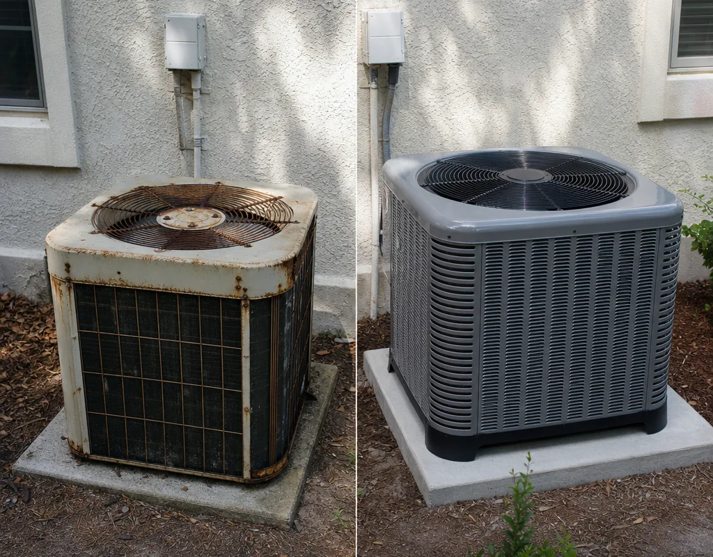 Older rusted condenser compared with a new condenser on a level pad with service clearance