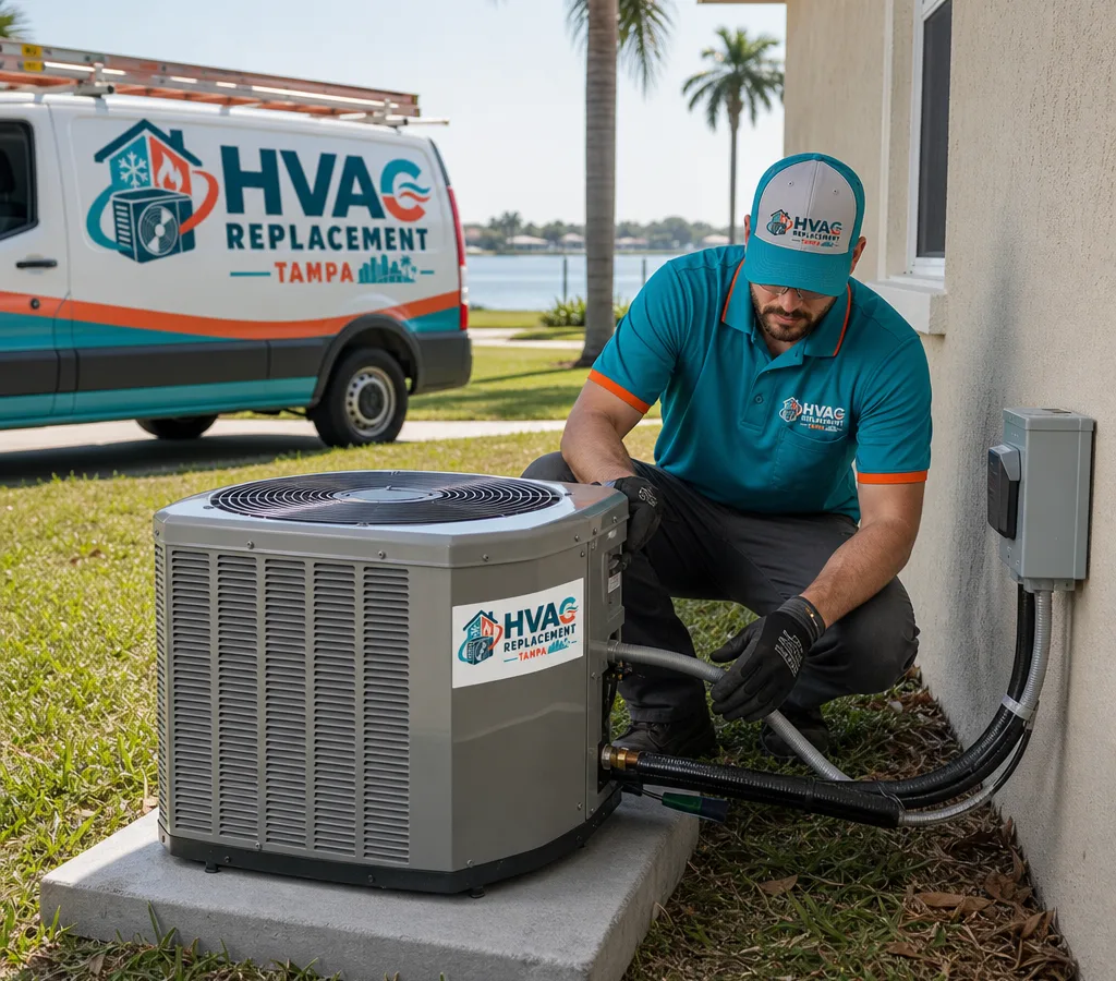 Technician setting a new outdoor condenser on a level pad beside a Tampa home
