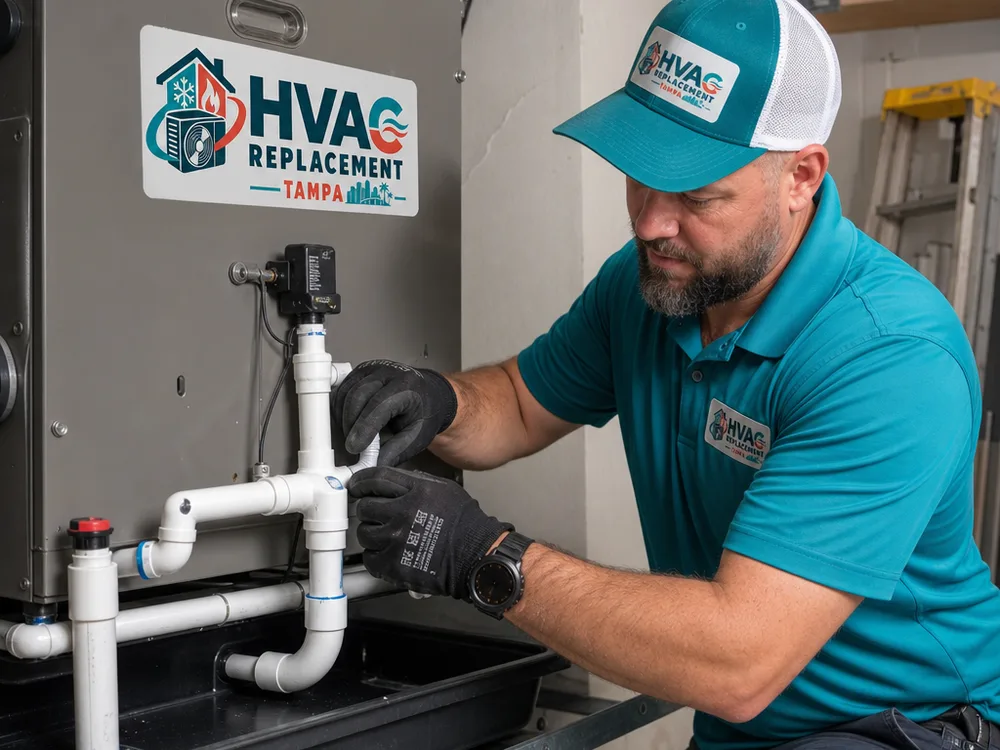 Clean air handler installation with condensate trap, drain pan, float switch, and supported drain line