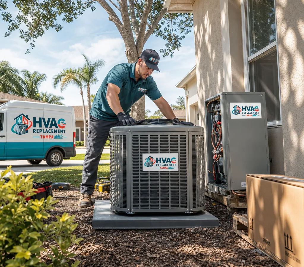 Technician setting a new outdoor condenser beside a Tampa-area home with an indoor air handler staged for installation