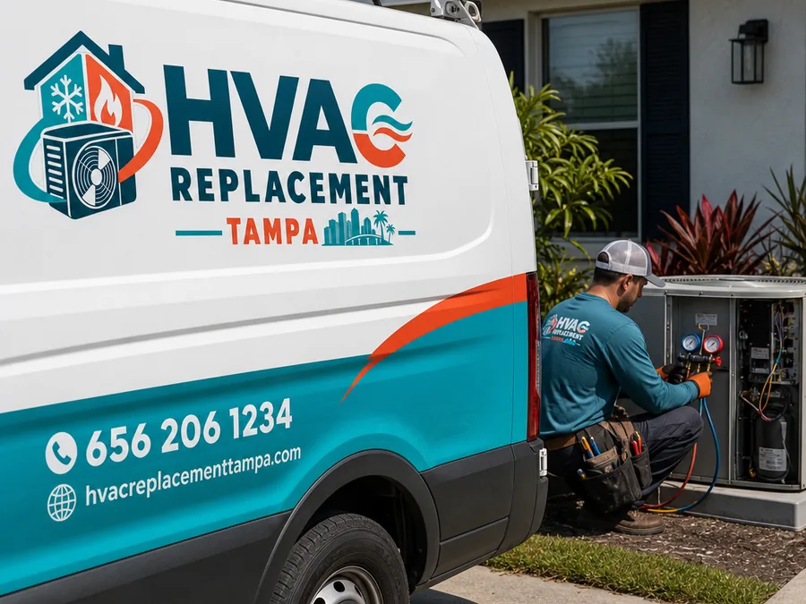 Technician using gauges and temperature probes while commissioning an outdoor AC unit