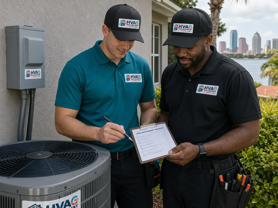 Two uniformed HVAC technicians reviewing a replacement checklist beside a newly installed condenser